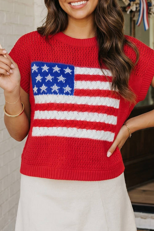 LAS Flag Graphic Short Sleeve Sweater Top (S-XL)