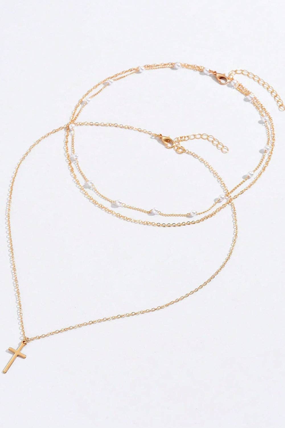 Gold Cross Pendant Pearl Triple Layer Chain Necklace