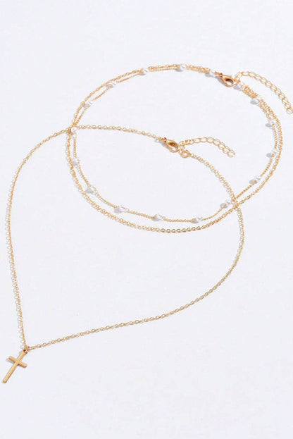 Gold Cross Pendant Pearl Triple Layer Chain Necklace
