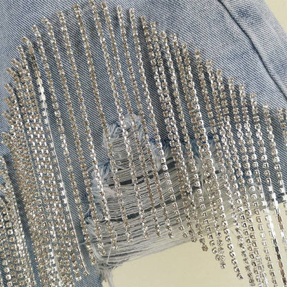 Fringe Rhinestone Distressed Denim Shorts Western Style