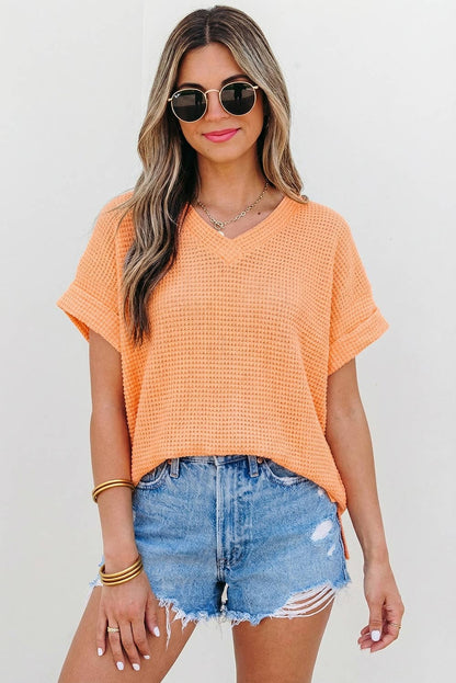 Waffle Texture V Neck Short Sleeve Knit Top