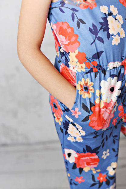 Blue & Coral Floral Summer Jumpsuit With Pockets
