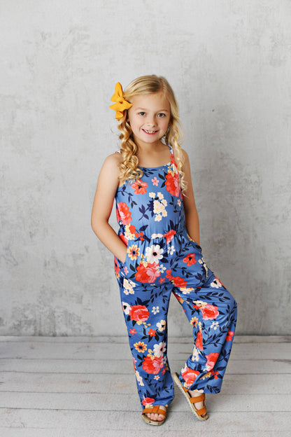 Blue & Coral Floral Summer Jumpsuit With Pockets