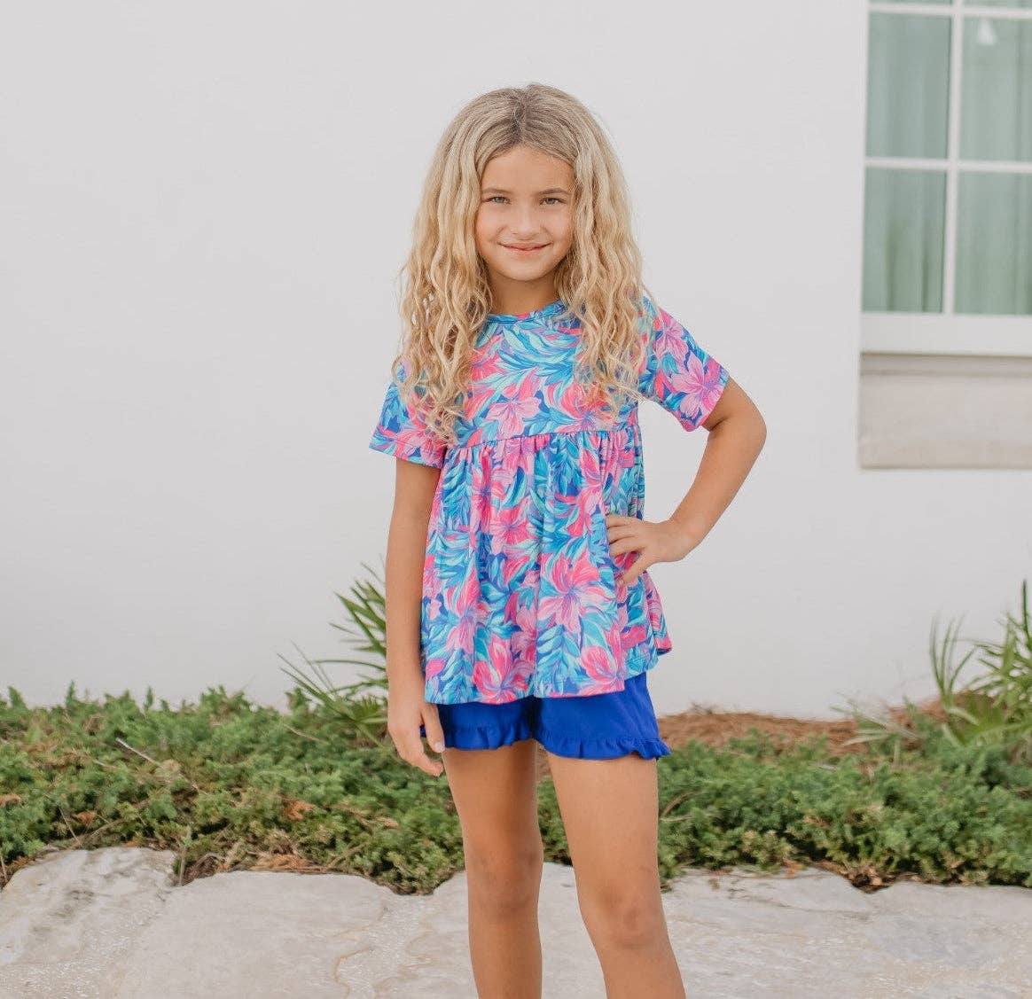 Tropical Floral Pocket Ruffle Summer Short Set
