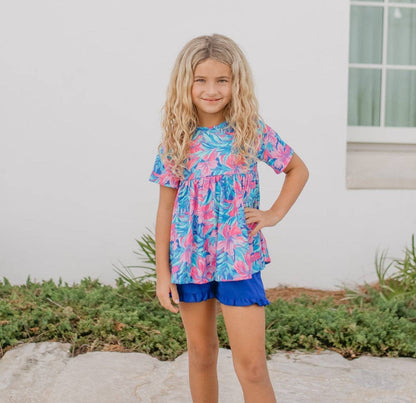 Tropical Floral Pocket Ruffle Summer Short Set