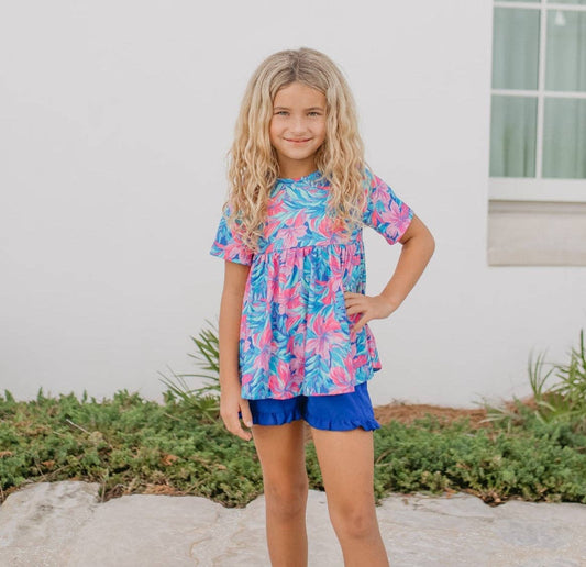 Tropical Floral Pocket Ruffle Summer Short Set