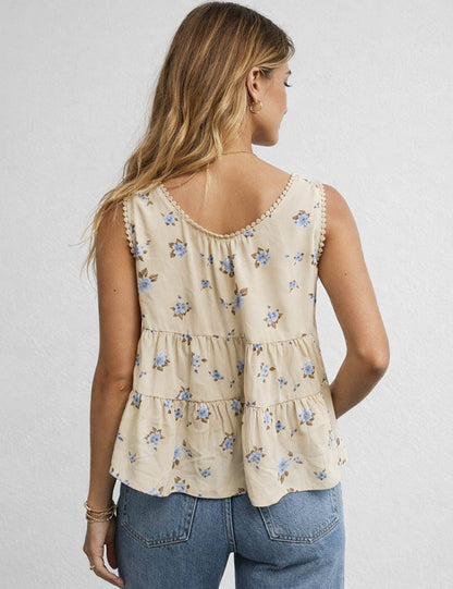 Ladies Boho Floral Print Tie Front Scoop Neck Sleeveless Top