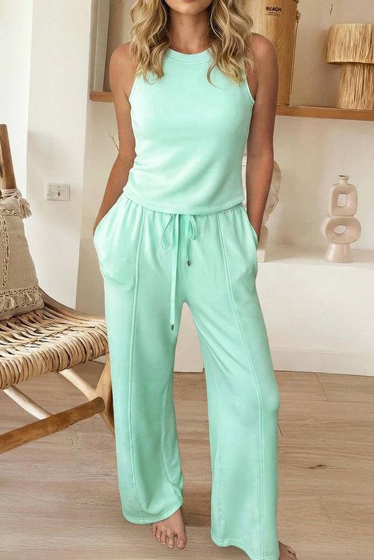 Round Neck Tank Top Drawstring Pants 2pcs Outfit (S-XL)
