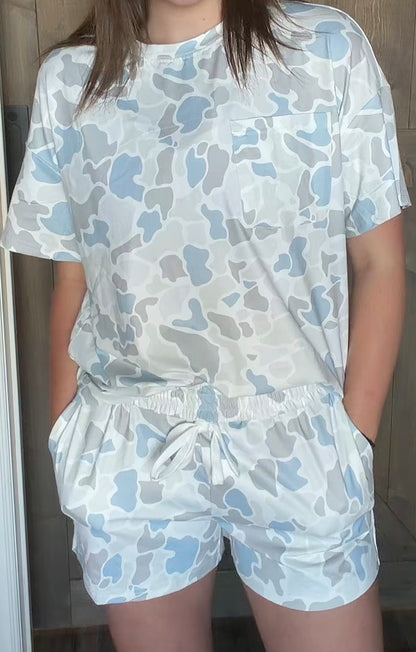Camo Print Short Sleeve Top and Shorts Lounge Set (S-XL)