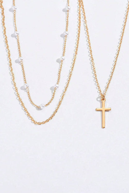 Gold Cross Pendant Pearl Triple Layer Chain Necklace