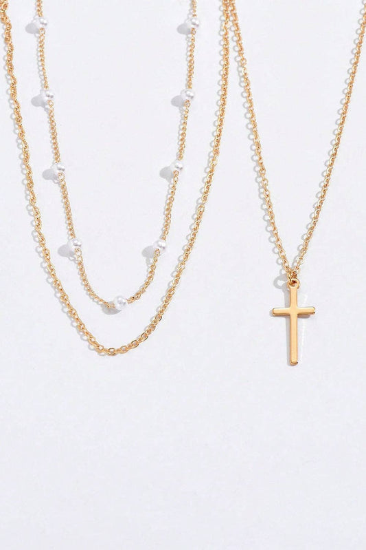 Gold Cross Pendant Pearl Triple Layer Chain Necklace
