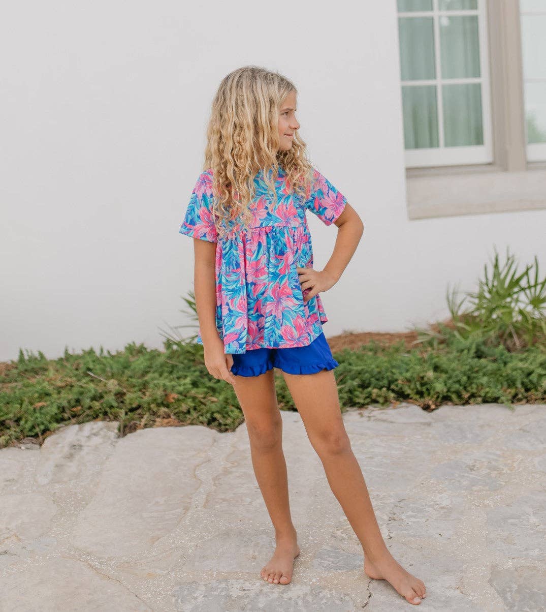 Tropical Floral Pocket Ruffle Summer Short Set