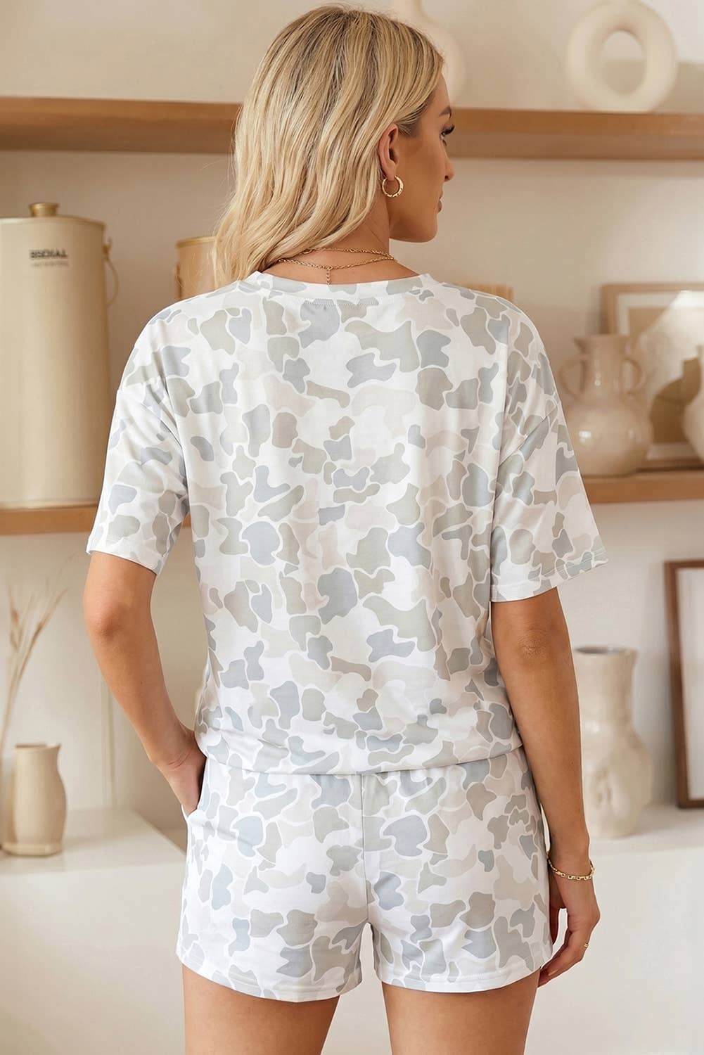Camo Print Short Sleeve Top and Shorts Lounge Set (S-XL)