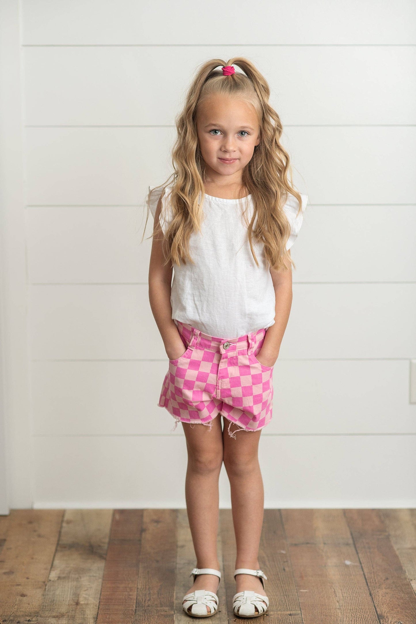Kids Pink Checkered Denim Summer Shorts