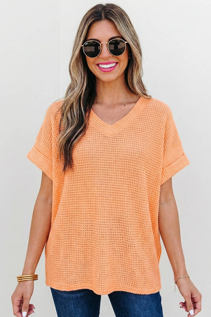 Waffle Texture V Neck Short Sleeve Knit Top